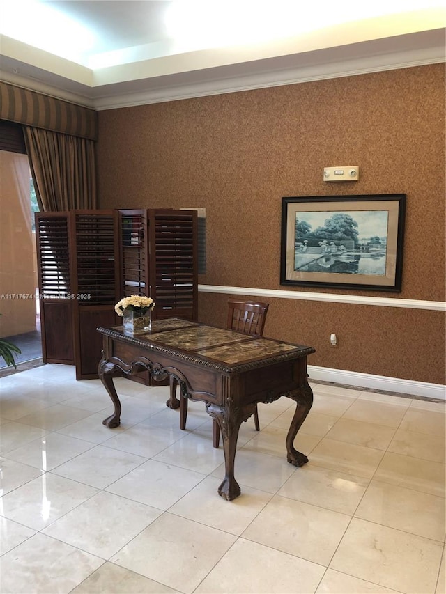 tiled office with ornamental molding