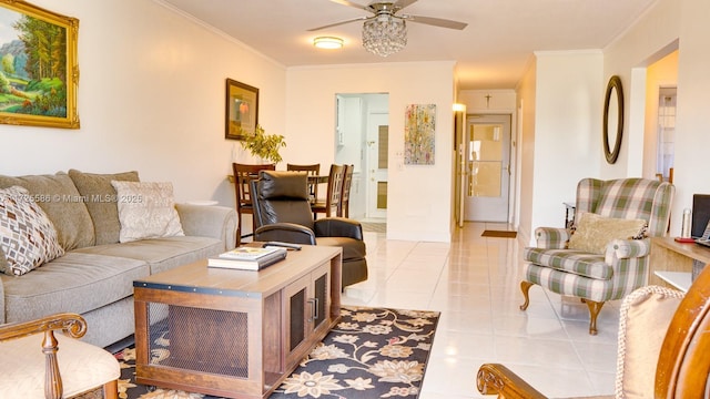 living room featuring ceiling fan, light tile patterned floors, and ornamental molding