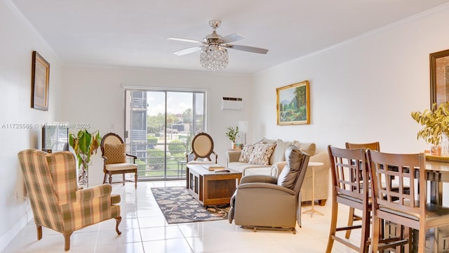 living room featuring ceiling fan, light tile patterned floors, ornamental molding, and a wall mounted AC