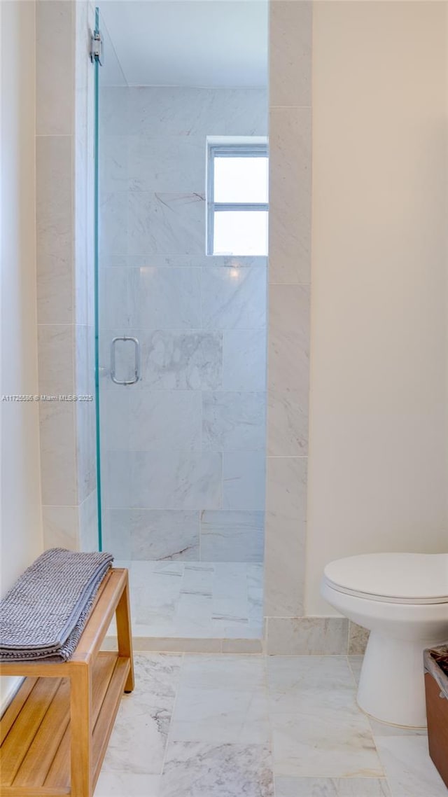 bathroom featuring a shower with shower door, vanity, and toilet