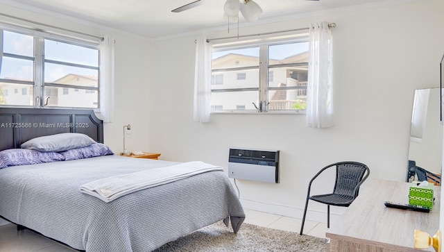 tiled bedroom with ceiling fan, heating unit, and crown molding