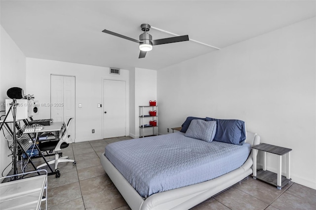 bedroom with ceiling fan and a closet