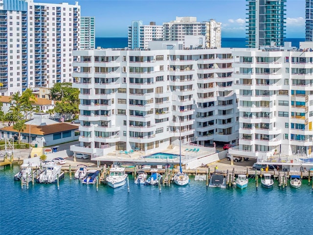 view of building exterior with a water view