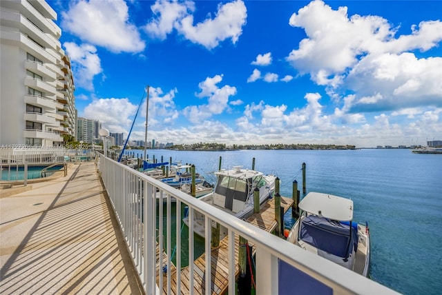 view of dock with a water view