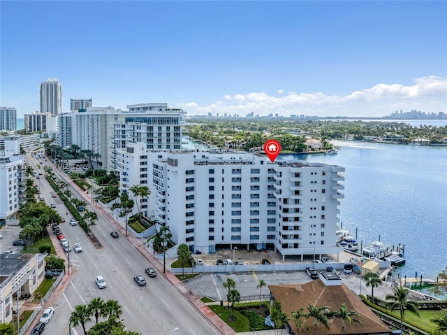 drone / aerial view featuring a water view