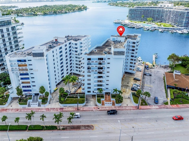 aerial view featuring a water view