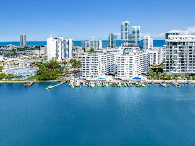 drone / aerial view featuring a water view