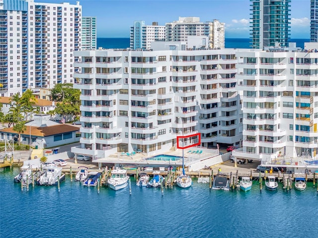 view of building exterior featuring a water view