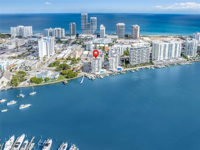 aerial view featuring a water view