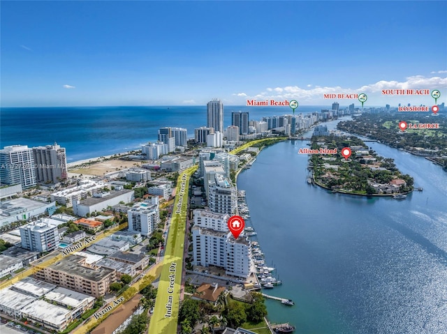 aerial view featuring a water view