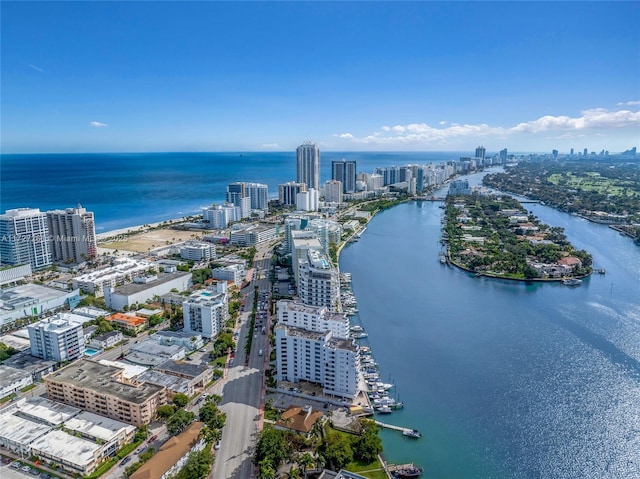 birds eye view of property featuring a water view