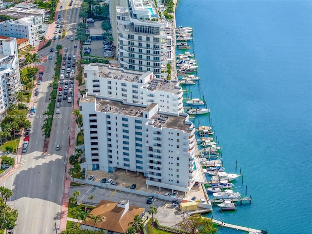 bird's eye view with a water view