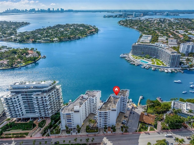 aerial view featuring a water view