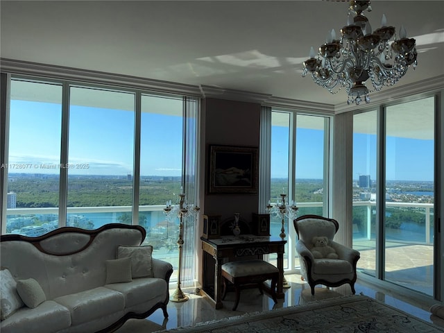 living room with a chandelier