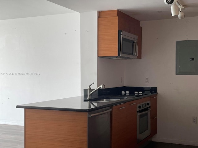 kitchen with light hardwood / wood-style floors, kitchen peninsula, appliances with stainless steel finishes, electric panel, and sink