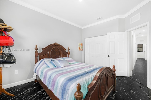 bedroom with a closet and crown molding