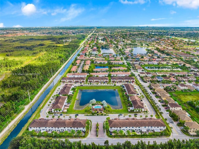 drone / aerial view featuring a water view