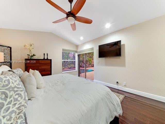 bedroom featuring vaulted ceiling, ceiling fan, access to exterior, and dark hardwood / wood-style flooring