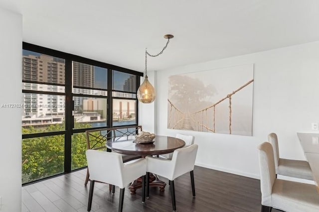 dining area with dark hardwood / wood-style flooring and a wall of windows