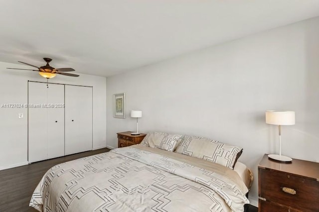 bedroom with ceiling fan, a closet, and dark hardwood / wood-style flooring