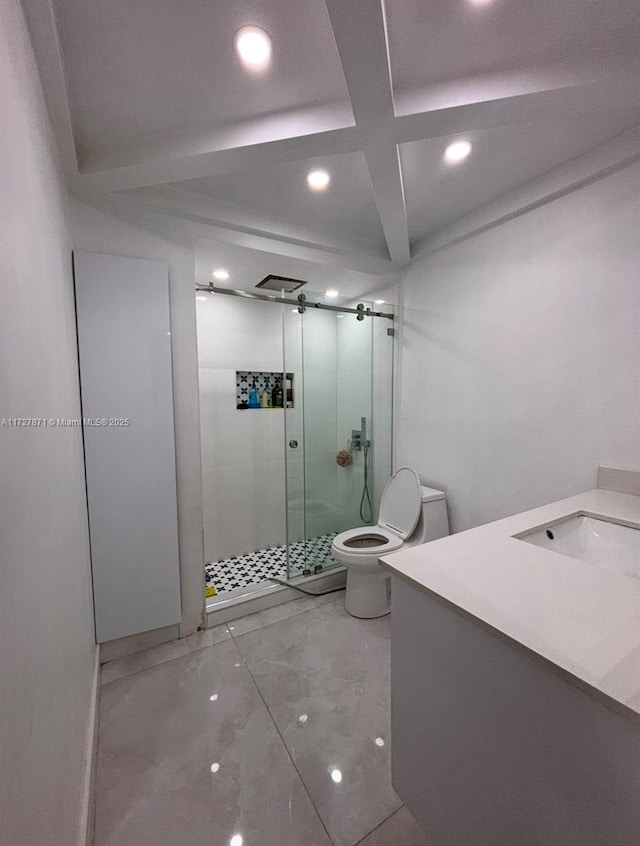 bathroom featuring toilet, vanity, beamed ceiling, and walk in shower