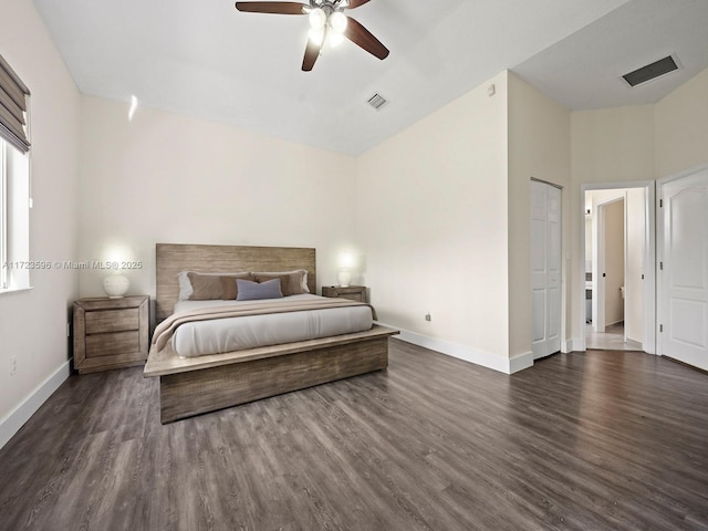 bedroom with ceiling fan, a closet, and dark wood-type flooring