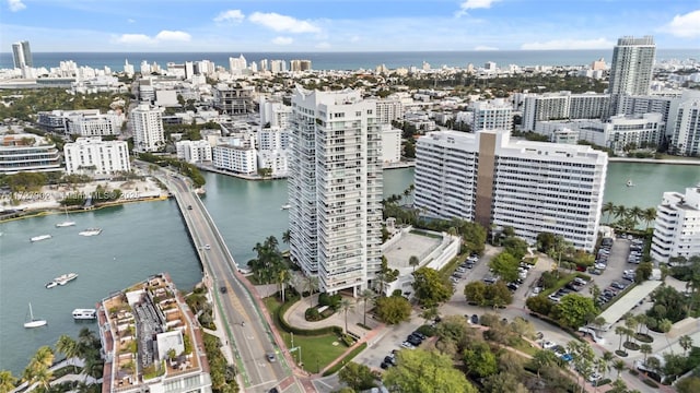 drone / aerial view with a water view