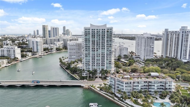 aerial view featuring a water view