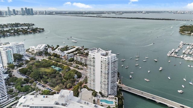 drone / aerial view featuring a water view