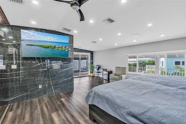 bedroom with access to outside, ceiling fan, vaulted ceiling, and hardwood / wood-style flooring