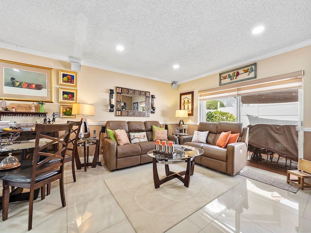 living room with a textured ceiling, tile patterned floors, and crown molding