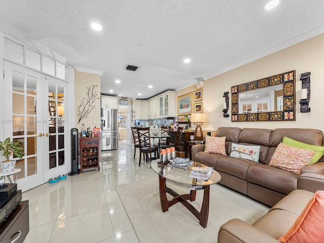 tiled living room featuring french doors, beverage cooler, a textured ceiling, and ornamental molding