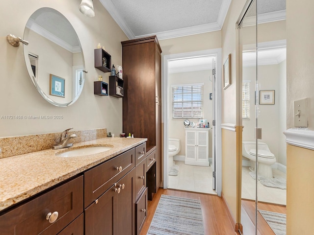 bathroom featuring a textured ceiling, toilet, vanity, and crown molding