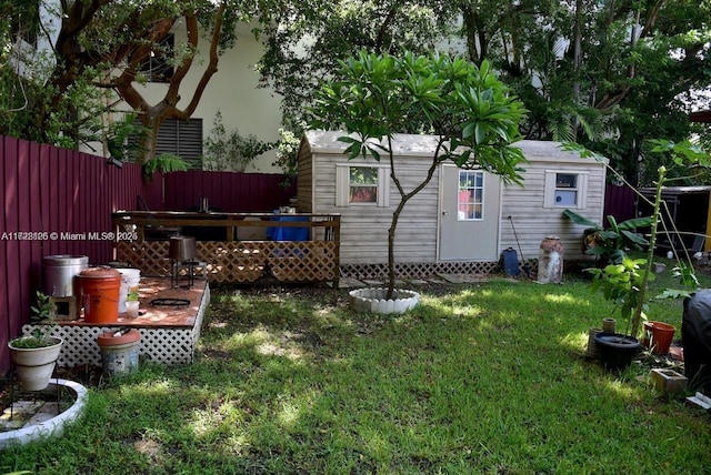 view of yard with a storage shed