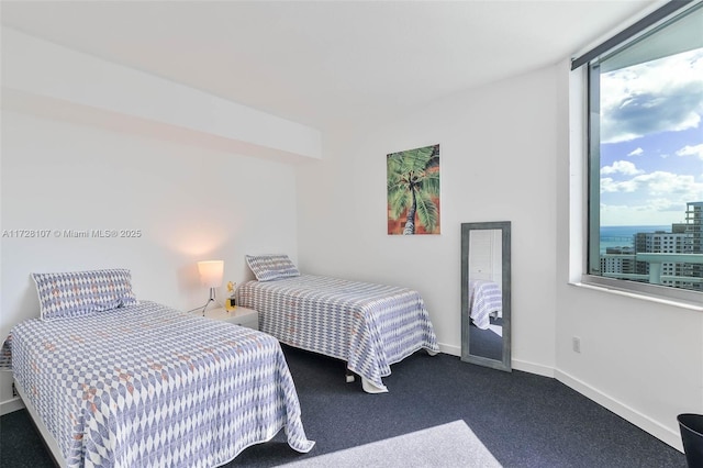 bedroom featuring dark colored carpet