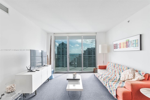 living room featuring carpet floors and expansive windows