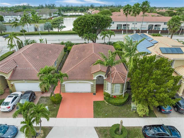 aerial view featuring a water view