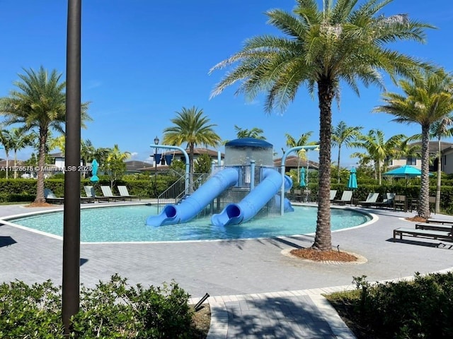 community jungle gym with a water play area