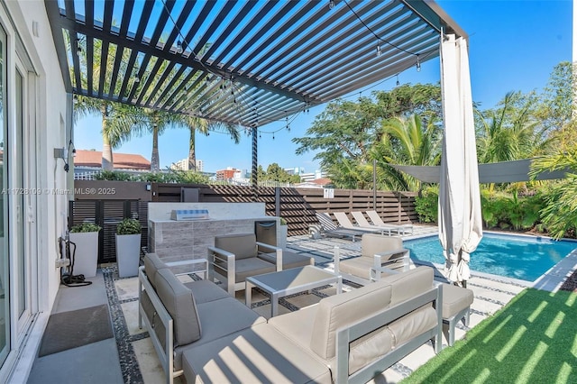 view of patio / terrace with an outdoor hangout area, a bar, a pergola, and a fenced in pool