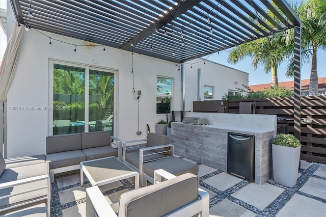 view of patio featuring a bar, an outdoor living space, and a pergola