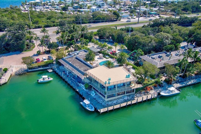 bird's eye view with a water view