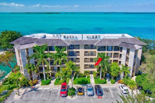 aerial view featuring a water view