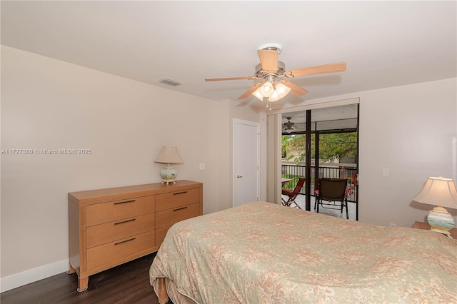 bedroom featuring ceiling fan, access to exterior, floor to ceiling windows, and dark hardwood / wood-style flooring