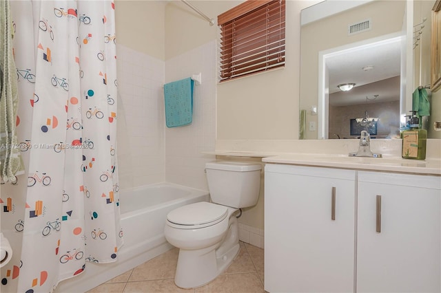 full bathroom with shower / bath combination with curtain, toilet, vanity, and tile patterned flooring