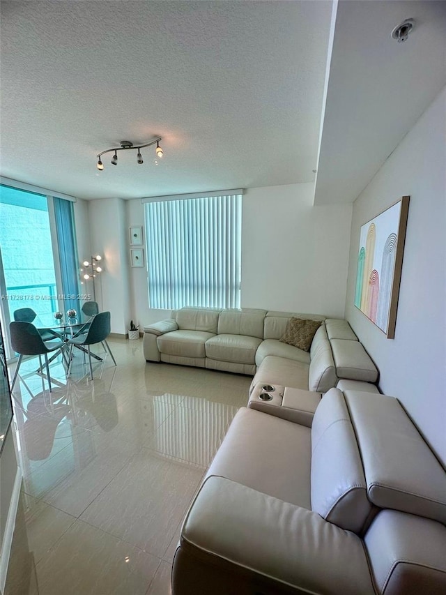 living area with a textured ceiling and track lighting