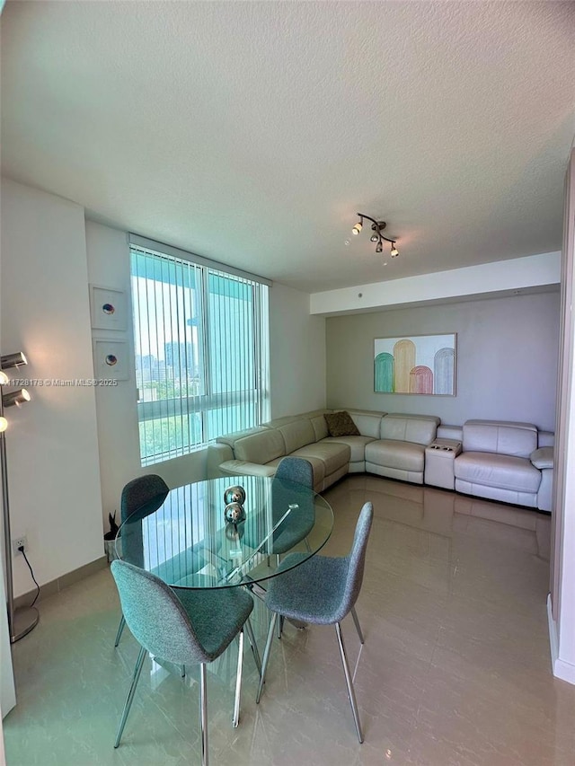 dining area with a textured ceiling, baseboards, and expansive windows