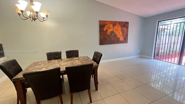 dining room featuring light tile patterned floors, lofted ceiling, and a notable chandelier