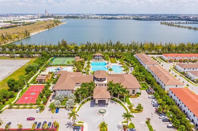 drone / aerial view with a water view