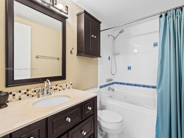 full bathroom with toilet, vanity, tasteful backsplash, and shower / bathtub combination with curtain