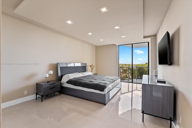 bedroom with floor to ceiling windows, light tile patterned floors, and access to outside